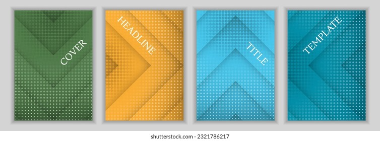 Dotted texture and arrow direction pattern corporate cover page layout batch. Minimal flyers vector design. Geometric catalog covers. Advertisement brochures batch.