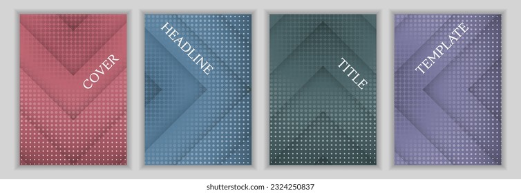 Dotted texture and arrow direction pattern corporate cover page layout batch. Modern brochures vector design. Contemporary magazine covers. Advertisement flyers batch.