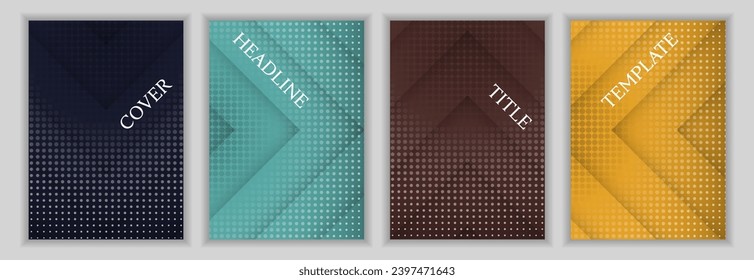 Dotted texture and arrow direction pattern corporate cover page layout batch. Abstract brochures vector design. Contemporary catalog covers. Commercial banners batch.