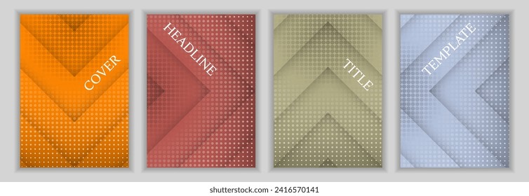 Dotted texture and arrow direction pattern corporate cover page layout set. Minimal banners vector design. Contemporary book front pages. Advertisement posters collection.