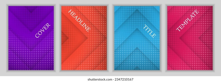 Conjunto de plantillas de portada de portada de negocio de textura con puntos y franjas de flecha de fondo. Diseño vectorial de afiches modernos. Cubiertas de catálogo geométrico. Anuncio de banners listos.