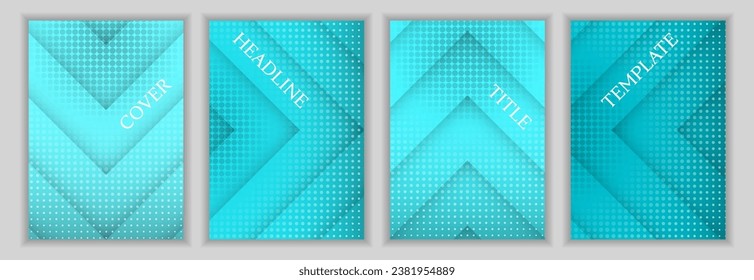 Dotted texture and arrow stripes background business cover page template batch. Cool flyers vector design. Contemporary magazine covers. Promotion brochures set.