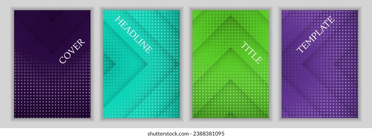 Dotted texture and arrow stripes background corporate cover page layout batch. Digital brochures vector design. Geometric book covers. Advertisement flyers collection.