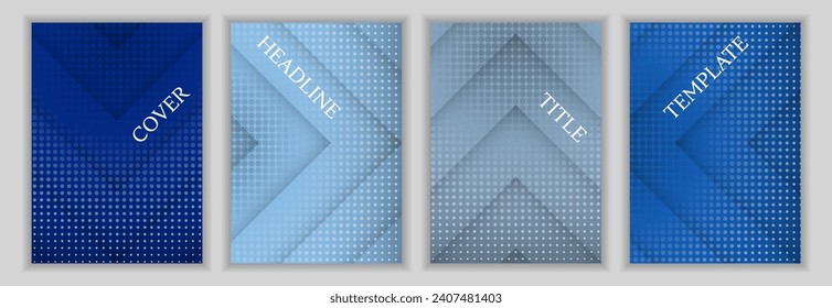 Dotted texture and arrow stripes background corporate cover page layout batch. Abstract flyers vector design. Geometric magazine covers. Commercial brochures set.