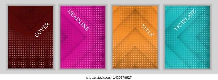 Dotted texture and arrow stripes background corporate cover page template batch. Cool banners vector design. Geometric book covers. Commercial brochures collection.