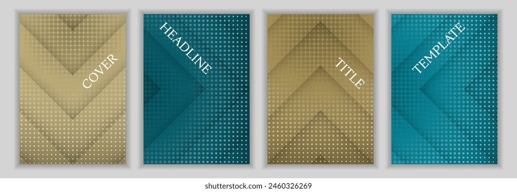 Dotted texture and arrow stripes background corporate cover page template batch. Abstract banners vector design. Contemporary booklet covers. Announcement flyers set.