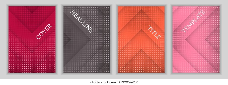 Textura pontilhada e listras de seta plano de fundo folha de rosto negócios conjunto de layout. Projeto de vetor de banners coloridos. Capas de catálogo contemporâneas. Folhetos de anúncio definidos.