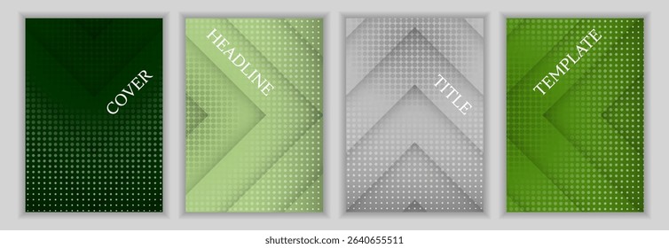 Dotted texture and arrow stripes background business cover page template set. Colorful banners vector design. Contemporary catalog covers. Advertisement flyers batch.