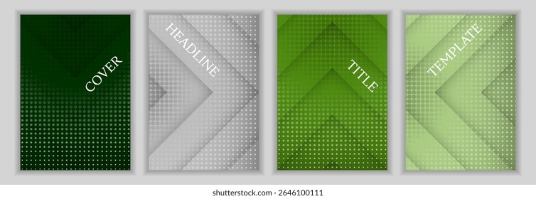 Dotted texture and arrow stripes background corporate cover page template set. Creative posters vector design. Contemporary book covers. Advertisement banners set.