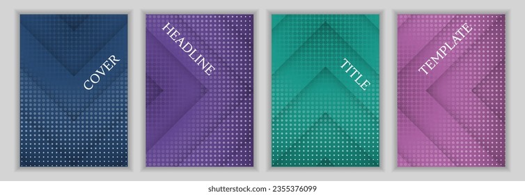 Dotted texture and arrow stripes pattern corporate cover page template set. Trendy posters vector design. Geometric magazine front pages. Commercial banners collection.