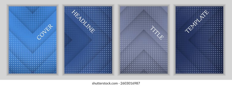 Dotted texture and arrow stripes pattern corporate cover page template batch. Digital banners vector design. Geometric magazine covers. Advertisement brochures set.