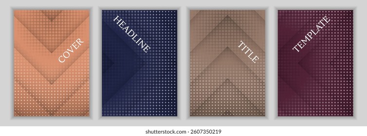 Dotted texture and arrow stripes pattern business cover page template set. Minimalist posters vector design. Contemporary catalog covers. Promotion banners batch.