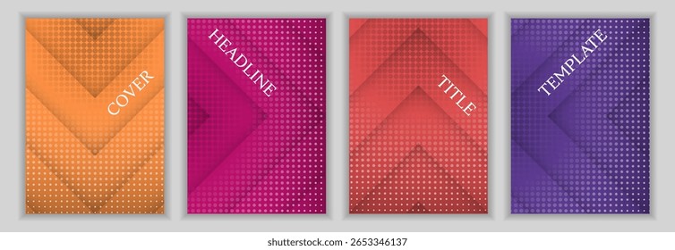 Dotted texture and arrow stripes pattern business cover page template batch. Simple posters vector design. Geometric booklet covers. Announcement banners set.