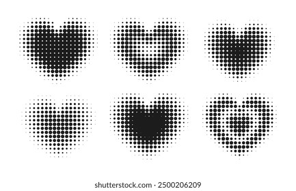 Dotted texture heart elements set. Halftone pop art style shapes isolated on white background.