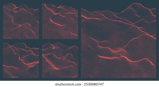 Gestrichelt strukturierte wellenförmige Oberfläche rot schwarz futuristisch abstrakten Hintergrund Vektor-Set. Waveform 3D Wireframe Moderne Hi-Tech Data Science Wallpaper Collection. Konzeptionelle Illustration der digitalen Landschaft