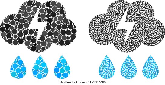 Dotted thunderstorm icon. Collage thunderstorm icon constructed from round elements in variable sizes and color hues. Vector round elements are arranged into composition thunderstorm icon.