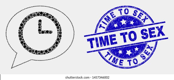 Dotted time message balloon mosaic icon and Time to Sex seal stamp. Blue vector round grunge stamp with Time to Sex text. Vector composition in flat style.