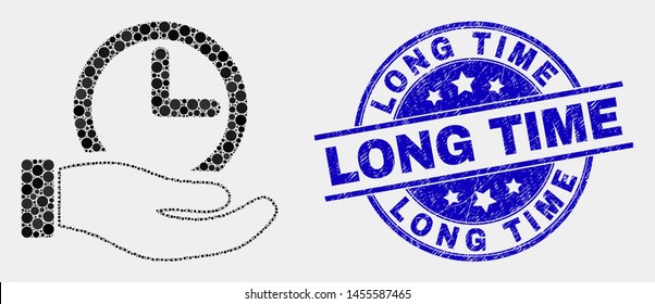 Dotted time service hand mosaic pictogram and Long Time stamp. Blue vector rounded textured seal stamp with Long Time title. Vector combination in flat style.