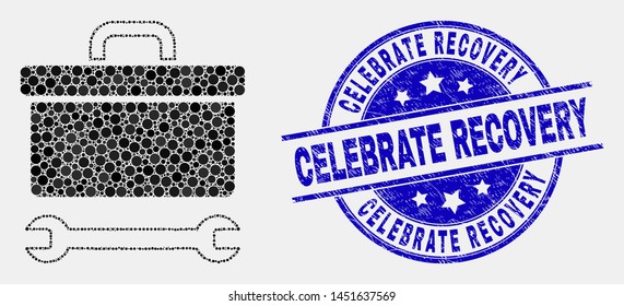 Dotted toolbox wrench mosaic icon and Celebrate Recovery stamp. Blue vector round scratched watermark with Celebrate Recovery caption. Vector composition in flat style.