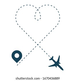 Dotted track in the form of a heart. Travel airplane. Heart line route. Path flight. Romantic love symbols. Vector.