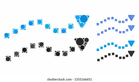 Dotted trend lines mosaic of circle elements in different sizes and color tints, based on dotted trend lines icon. Vector round dots are combined into blue mosaic.
