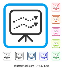 Dotted Trends Board icon. Flat grey pictogram symbol inside a light blue rounded rectangular frame. Black, gray, green, blue, red, orange color variants of Dotted Trends Board vector.