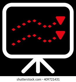 Dotted Trends Board vector toolbar icon. Style is bicolor flat icon symbol, red and white colors, black background, rhombus dots.