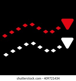 Dotted Trends vector toolbar icon. Style is bicolor flat icon symbol, red and white colors, black background, rhombus dots.
