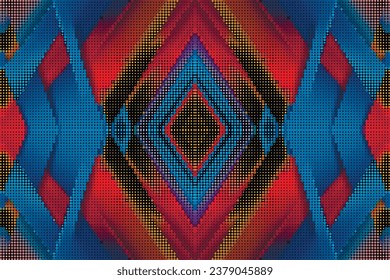 Der gepunktete Trendhalbton umrundet das geometrische, nahtlose Muster. Vektorfarbige Kreise, Punkte, Rhombus, geometrische Formen, Vektorhintergrund. Digitaler Pixelstil-Halbkreis