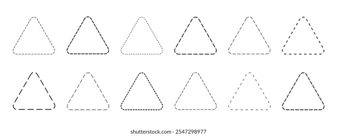 Figuras de triângulo pontilhadas isoladas sobre fundo branco. Formas geométricas triangulares com linhas tracejadas. Corte aqui pictogramas. Ilustração de contorno de vetor.