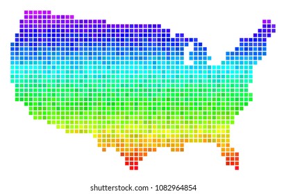 Dotted USA map. Vector geographic scheme in bright spectrum color tones with vertical gradient. Color vector pattern of USA map designed with square cells.