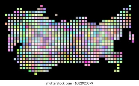 Dotted USSR map. Vector geographic map in smoothed arbitrary colors on a black background. Vector collage of USSR map created with regular square particles.