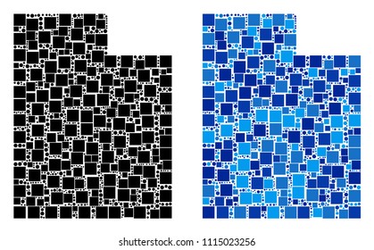 Dotted Utah State map versions. Abstract geographic map version designed with cold blue color tinges. Vector collage of Utah State map constructed of random rectangle and spheric points.