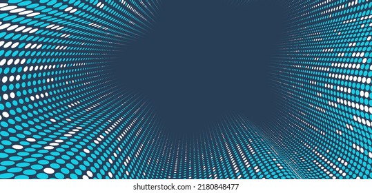 Dotted vector abstract background, blue dots in perspective flow, multimedia information theme, big data technology image, cool backdrop.