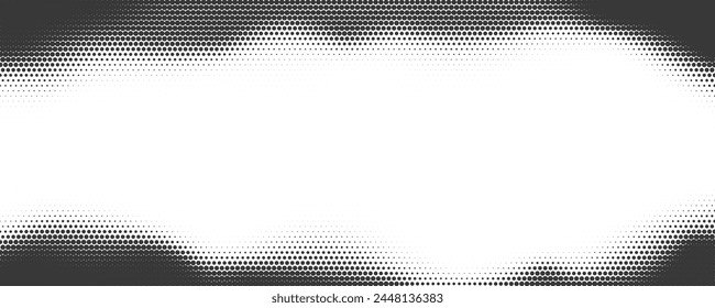 Dotted vector background with halftone effect. Comic wavy gradient border on white backdrop. Old grainy abstract frame. Retro graphic texture