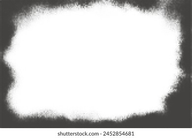 Dotted vector background with halftone effect. Comic wavy gradient border on white backdrop. Old grainy abstract frame. Retro graphic texture