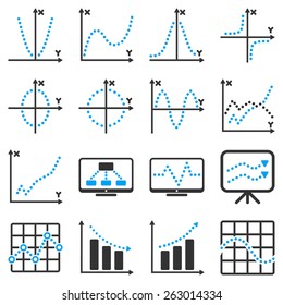 Dotted vector business graph and function chart icons. This bicolor vector icon set uses modern corporate light blue and dark grey color scheme. White color is not used.