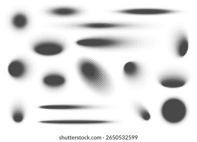 Dotted vector halftone abstract shapes. Circle blurred shadows set on white background. Graphic elements, circular organic blobs with gradation effect