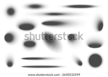 Dotted vector halftone abstract shapes. Circle blurred shadows set on white background. Graphic elements, circular organic blobs with gradation effect