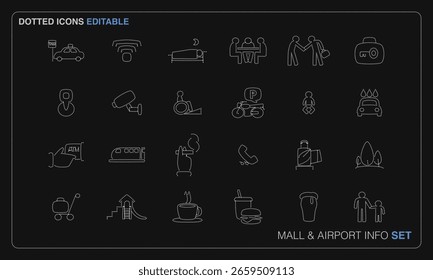 Dotted vector icon set inspired by LED lights and drone shows. Editable, minimal style for Mall and Airport Info projects, perfect for modern UI, apps, and presentations.
