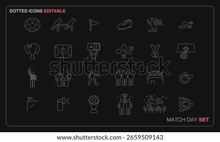 Dotted vector icon set inspired by LED lights and drone shows. Editable, minimal style for Match Day projects, perfect for modern UI, apps, and presentations.