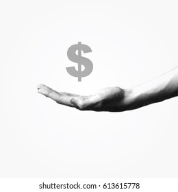 Dotted vector illustration with dollar icon levitating above human hand.