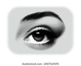 Dotted vector illustration of a human eye with halftone dots. collage sticker featuring a 90s-style.