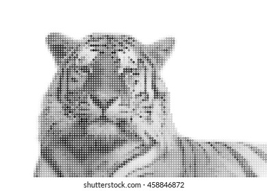 Dotted vector illustration of a tiger in black and white. Abstract design.