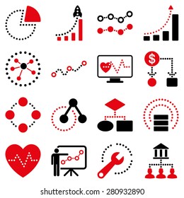 Dotted vector infographic business icons. This bicolor vector icon set uses intensive red and black colors. Images are on a white background.