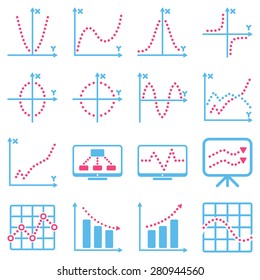 Dotted vector infographic business icons on a white background. This bicolor vector icon set uses pink and light blue colors. 
