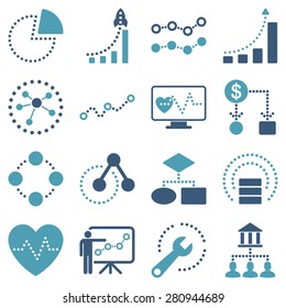 Dotted vector infographic business icons on a white background. This bicolor vector icon set uses cyan and blue colors. 