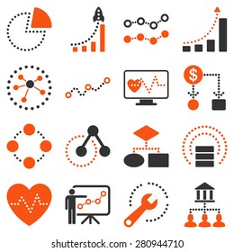 Dotted vector infographic business icons on a white background. This bicolor vector icon set uses orange and gray colors. 