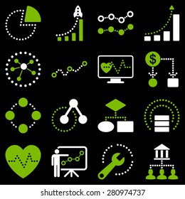 Dotted vector infographic business icons on a black background. This bicolor vector icon set uses eco green and white colors. 