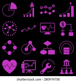 Dotted vector infographic business icons. Violet symbols on a black background.